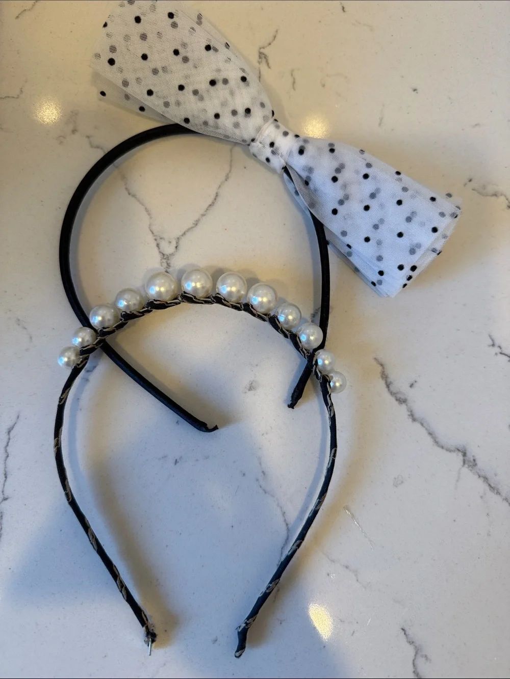 Pearl Accent Black Headband with White Polka Dot Bow bundle 2
